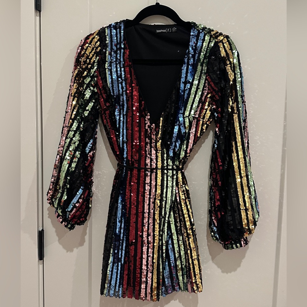 Boohoo Petite Striped Sequin Mini Dress